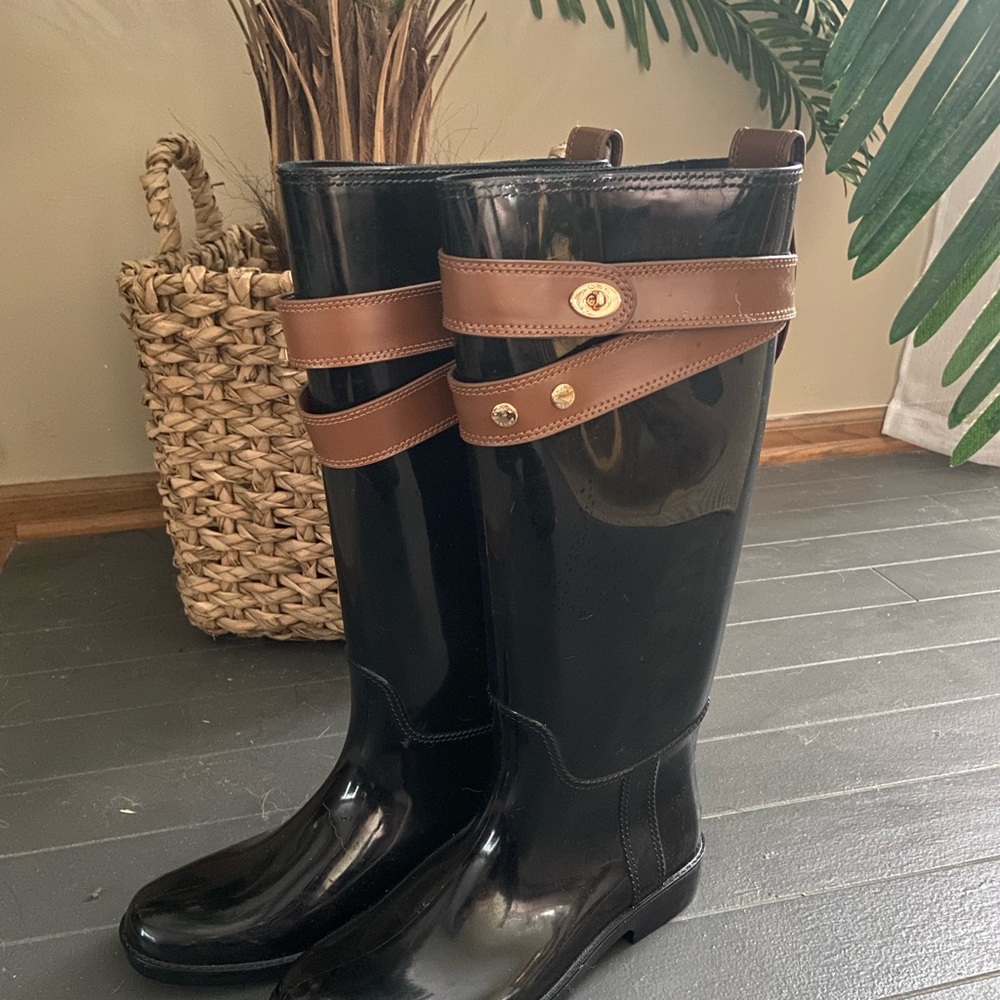NWT Coach Black and Brown Rain Boots